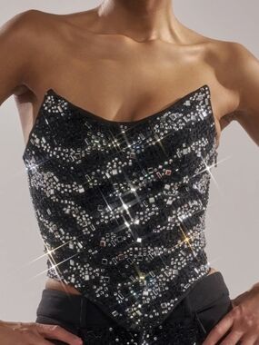 AKIRA Black Sequin Embellished Strapless Corset Top